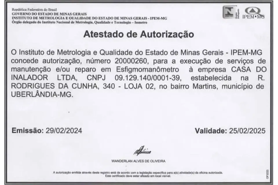 Atestado de Autoização INMETRO